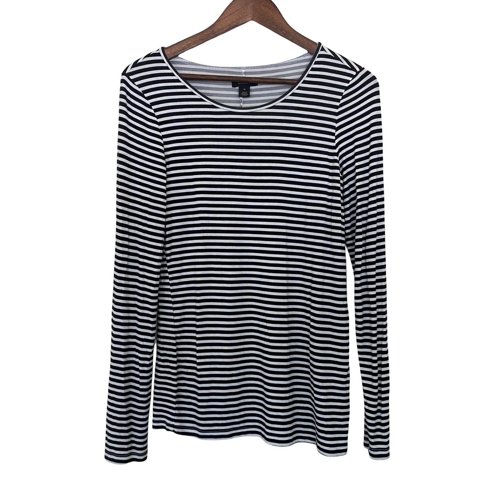 Halogen Women Long Sleeve Top M Black White Striped Crew Neck Viscose Stretch